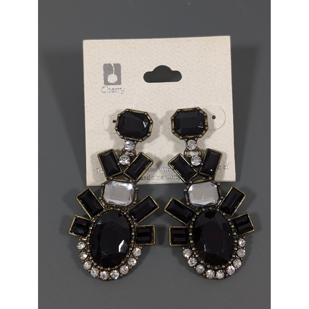 Black Rhinestone Long Statement Dangle Earrings Antiqued Bronze Tone Pierced New